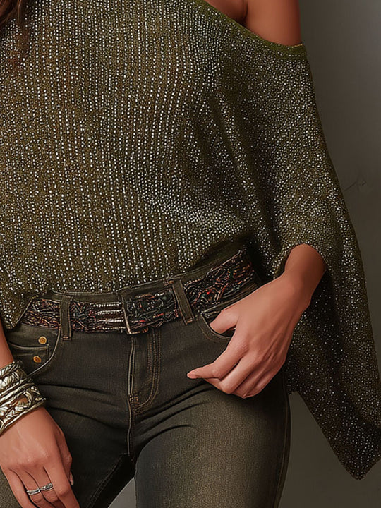 Elegant Olive Glitter Ribbed Asymmetric Cold Shoulder Batwing Sleeve Blouse