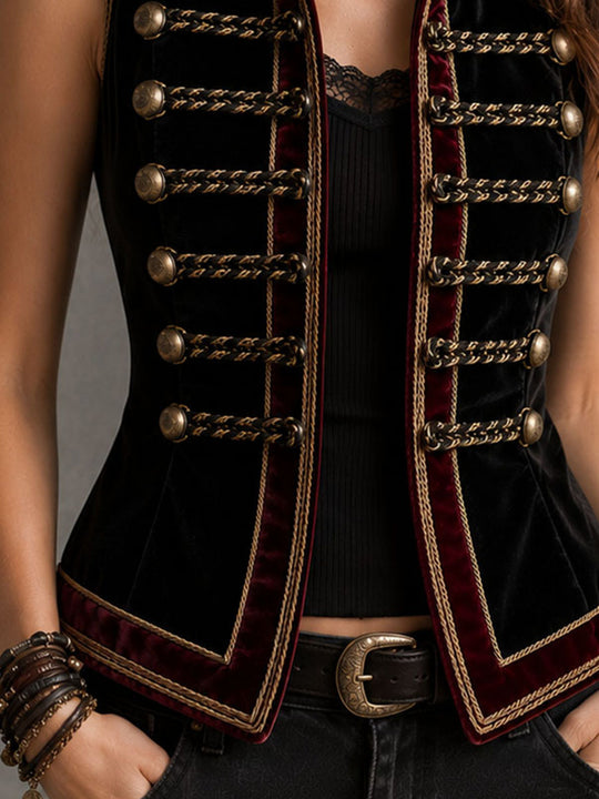 Retro Black Velvet Stand Collar Gold Braided Trim Double Breasted Waistcoat