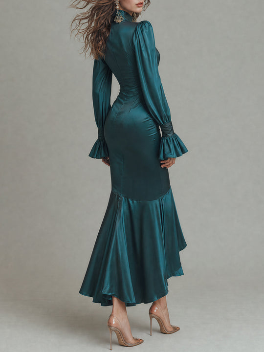 Emerald Satin Long-Sleeve Mermaid Maxi Dress with Ruffle Cuffs