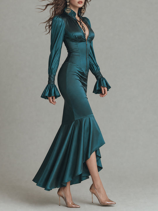 Emerald Satin Long-Sleeve Mermaid Maxi Dress with Ruffle Cuffs