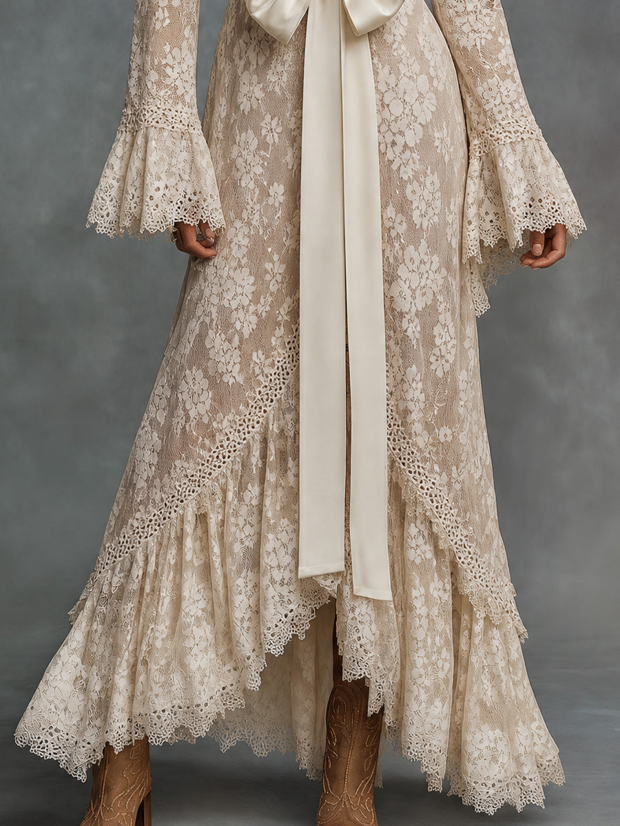 Ivory Floral Lace Bow Waist Maxi Dress