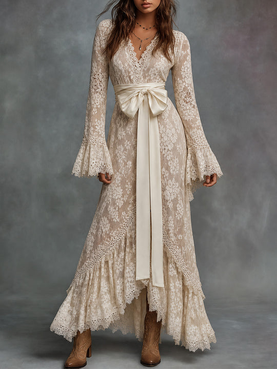 Ivory Floral Lace Bow Waist Maxi Dress