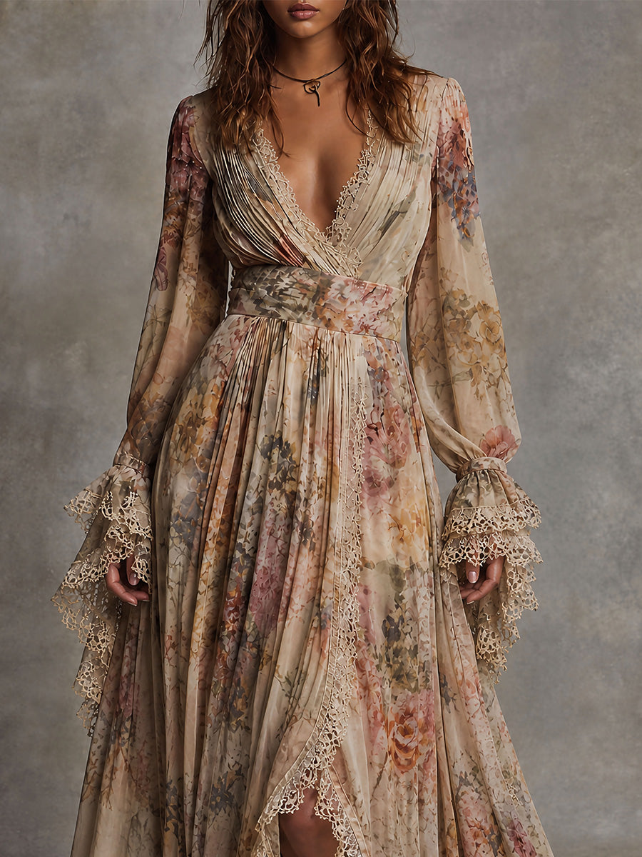 Boho Floral Lace Trim Maxi Dress