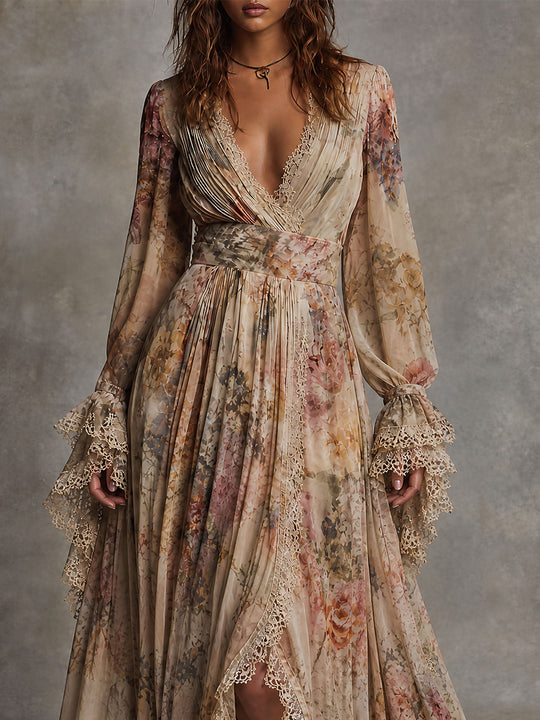 Boho Floral Lace Trim Maxi Dress