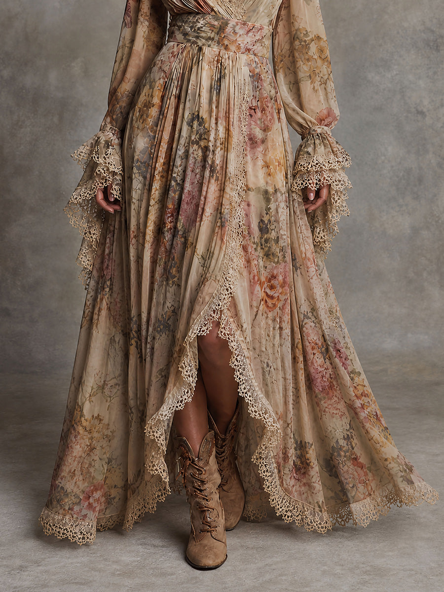 Boho Floral Lace Trim Maxi Dress