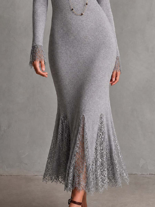 Elegant Long Sleeve Lace Cuff Ribbed Knit Lace Panel Mermaid Midi Dress