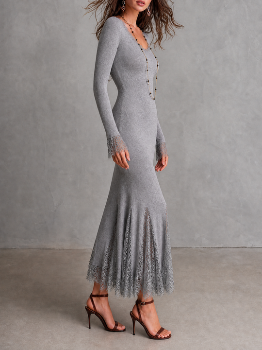 Elegant Long Sleeve Lace Cuff Ribbed Knit Lace Panel Mermaid Midi Dress