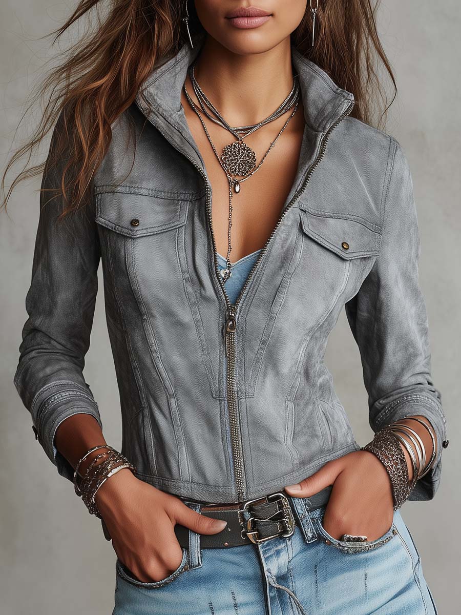 Bloho Light Grey Washed Denim Zipper Jacket