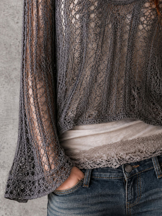 Charcoal Openwork Bell Sleeve Top