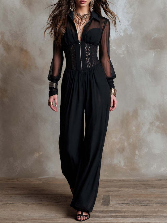 Collared Half Zip Sheer Chiffon Sleeve Lace Corset Waist Gathered Wide Leg Chiffon Jumpsuit