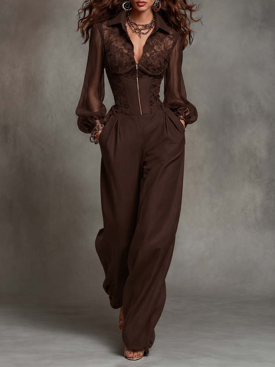 Vintage Elegant Lace Chiffon Long-Sleeve Zipper Corset Waist Jumpsuit