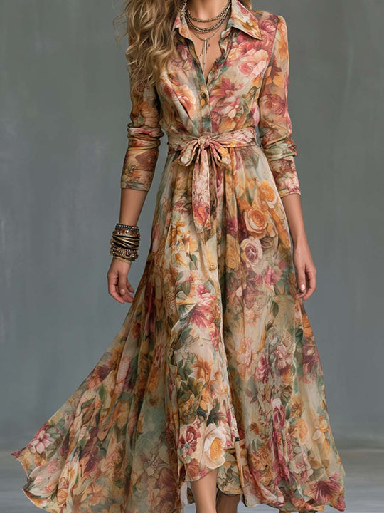 Vintage Floral Belted Shirt Maxi Dress