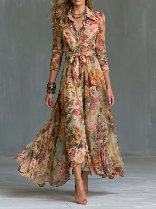 Vintage Floral Belted Shirt Maxi Dress