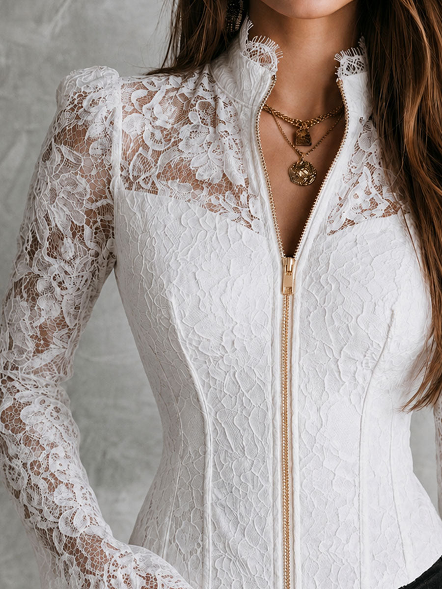 Romantic Stand Collar White Floral Lace Zipper Blouse With Flare Sleeve