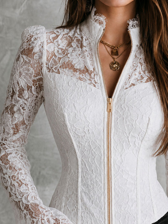 Romantic Stand Collar White Floral Lace Zipper Blouse With Flare Sleeve
