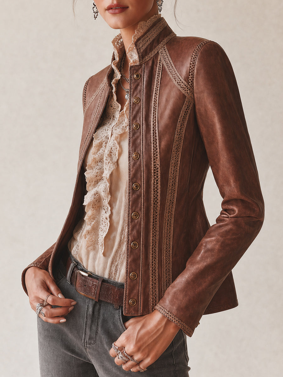Women's Vintage Eco-friendly PU Jacket With Crochet Lace Trim
