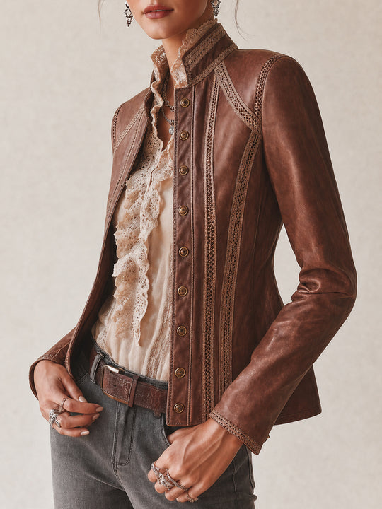 Women's Vintage Eco-friendly PU Jacket With Crochet Lace Trim