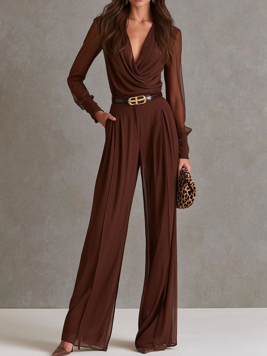 Elegant Cowl Neck Brown Chiffon Sheer Long Sleeve Wide Leg Jumpsuit