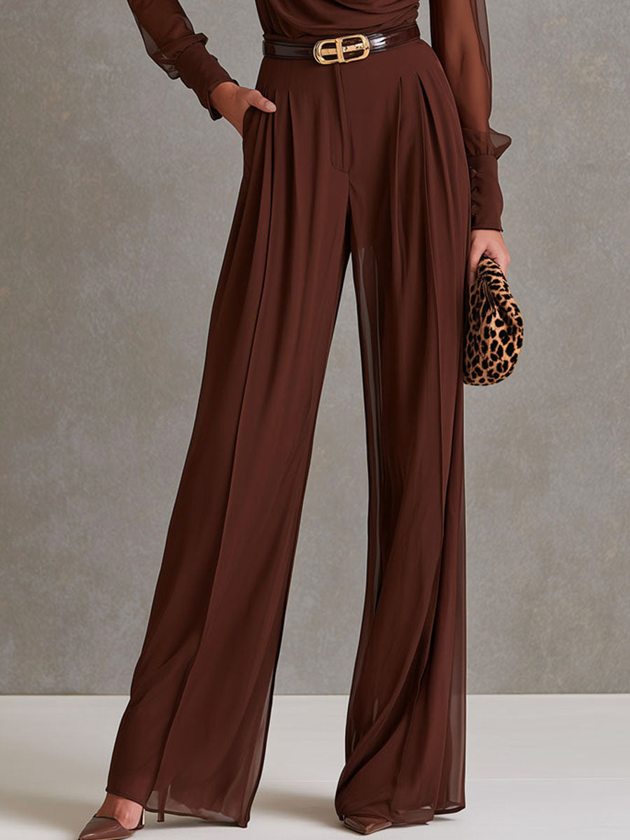Elegant Cowl Neck Brown Chiffon Sheer Long Sleeve Wide Leg Jumpsuit