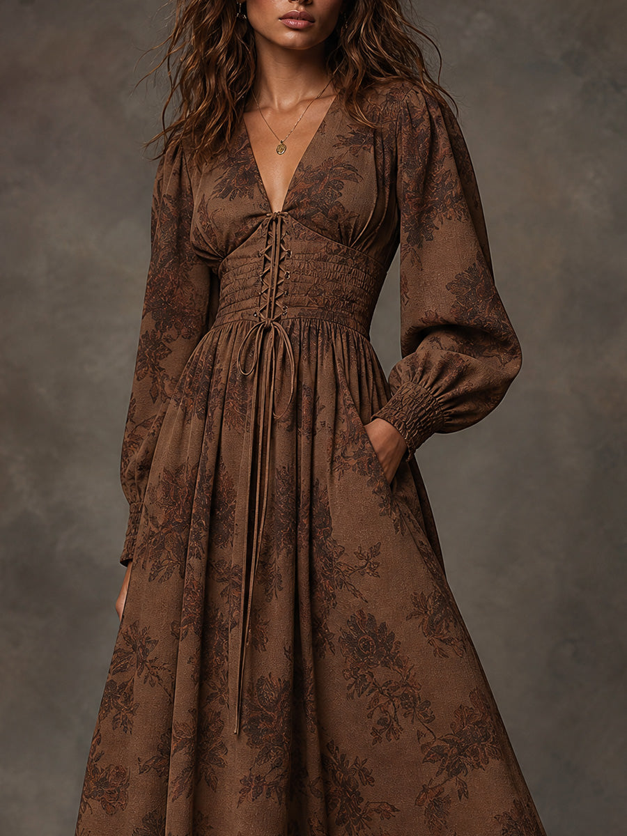 Brown Floral Lace-Up Bishop Sleeve Maxi Dress