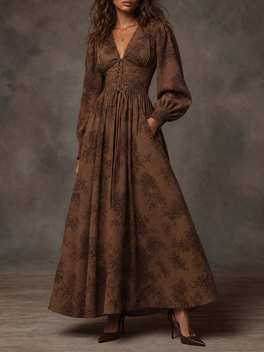 Brown Floral Lace-Up Bishop Sleeve Maxi Dress