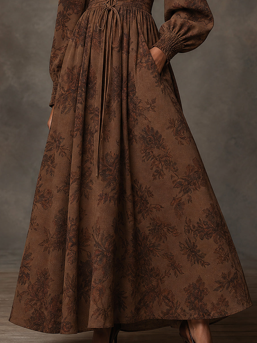 Brown Floral Lace-Up Bishop Sleeve Maxi Dress