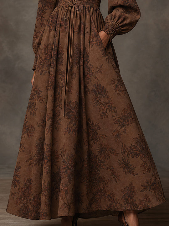 Brown Floral Lace-Up Bishop Sleeve Maxi Dress