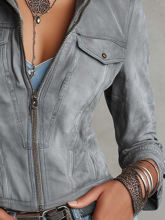 Bloho Light Grey Washed Denim Zipper Jacket