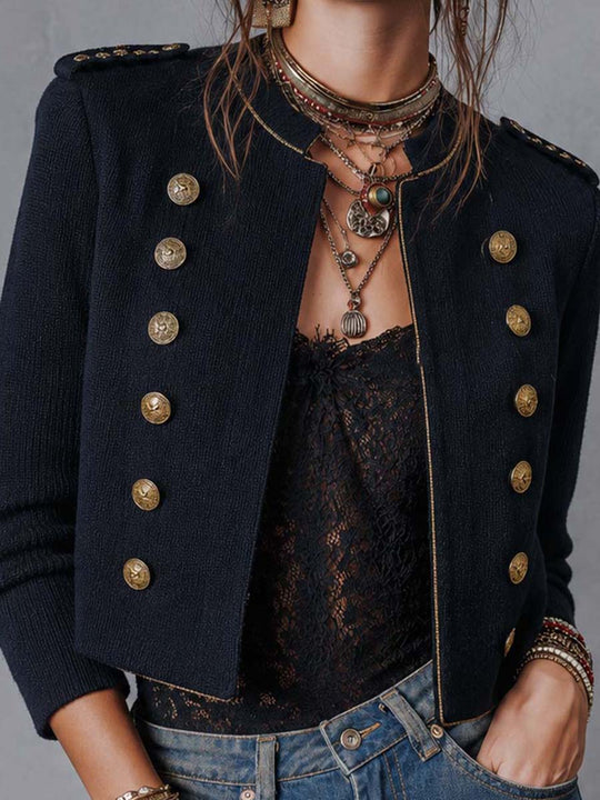Round Neck Epaulet Double Breasted Antique Gold Button Trim Cropped Knit Military Jacket
