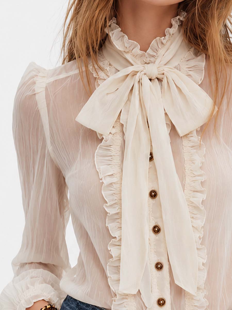Ruffle High Neck Bow Tie Front Puff Sleeve Ruffle Cuff Crinkled Sheer Chiffon Blouse