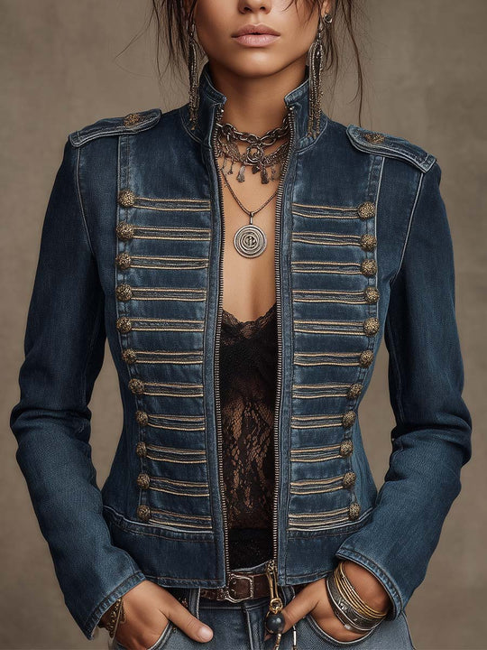 Stand Collar Epaulet Antique Gold Stripe Button Trim Zip Front Cropped Vintage Denim Military Jacket