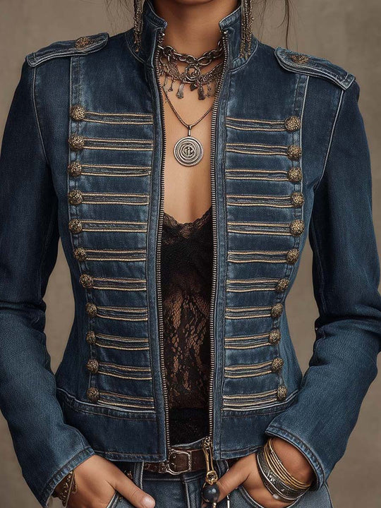 Stand Collar Epaulet Antique Gold Stripe Button Trim Zip Front Cropped Vintage Denim Military Jacket
