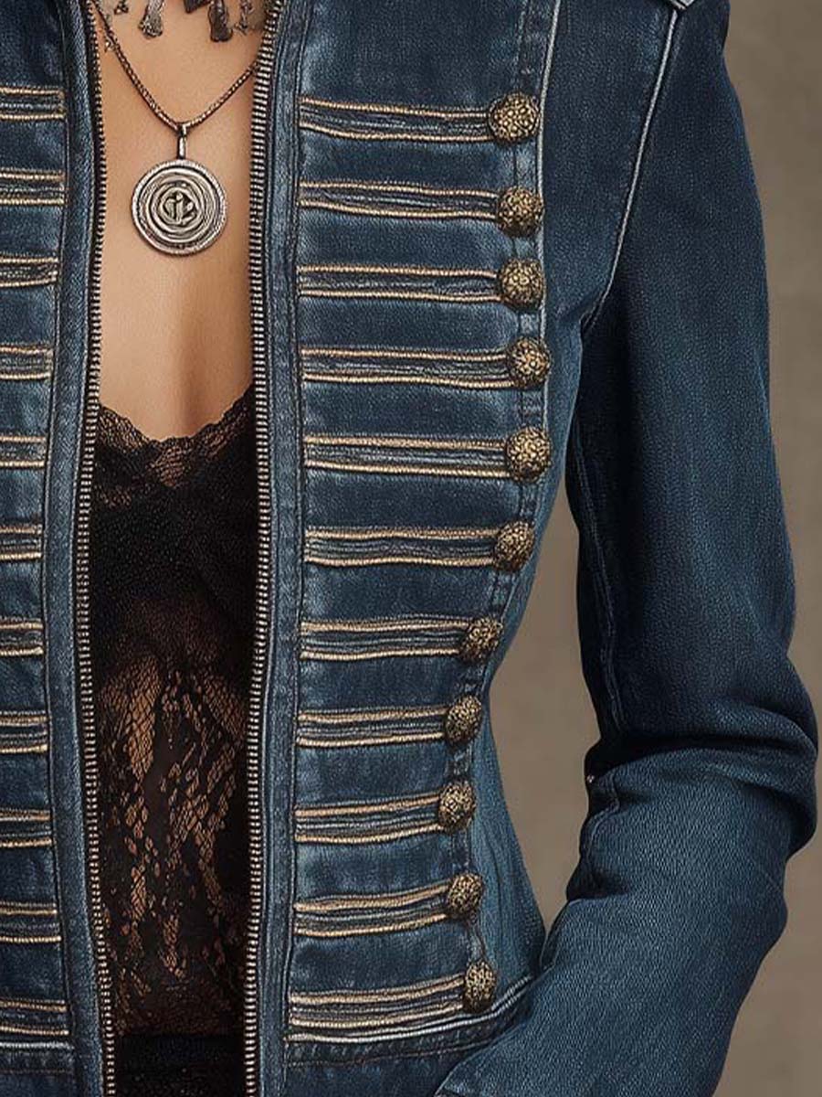 Stand Collar Epaulet Antique Gold Stripe Button Trim Zip Front Cropped Vintage Denim Military Jacket