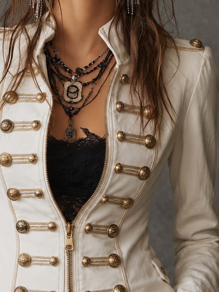 Stand Collar Epaulet Antique Gold Button Trim Zip Front Fitted Woven Fabric Military Jacket