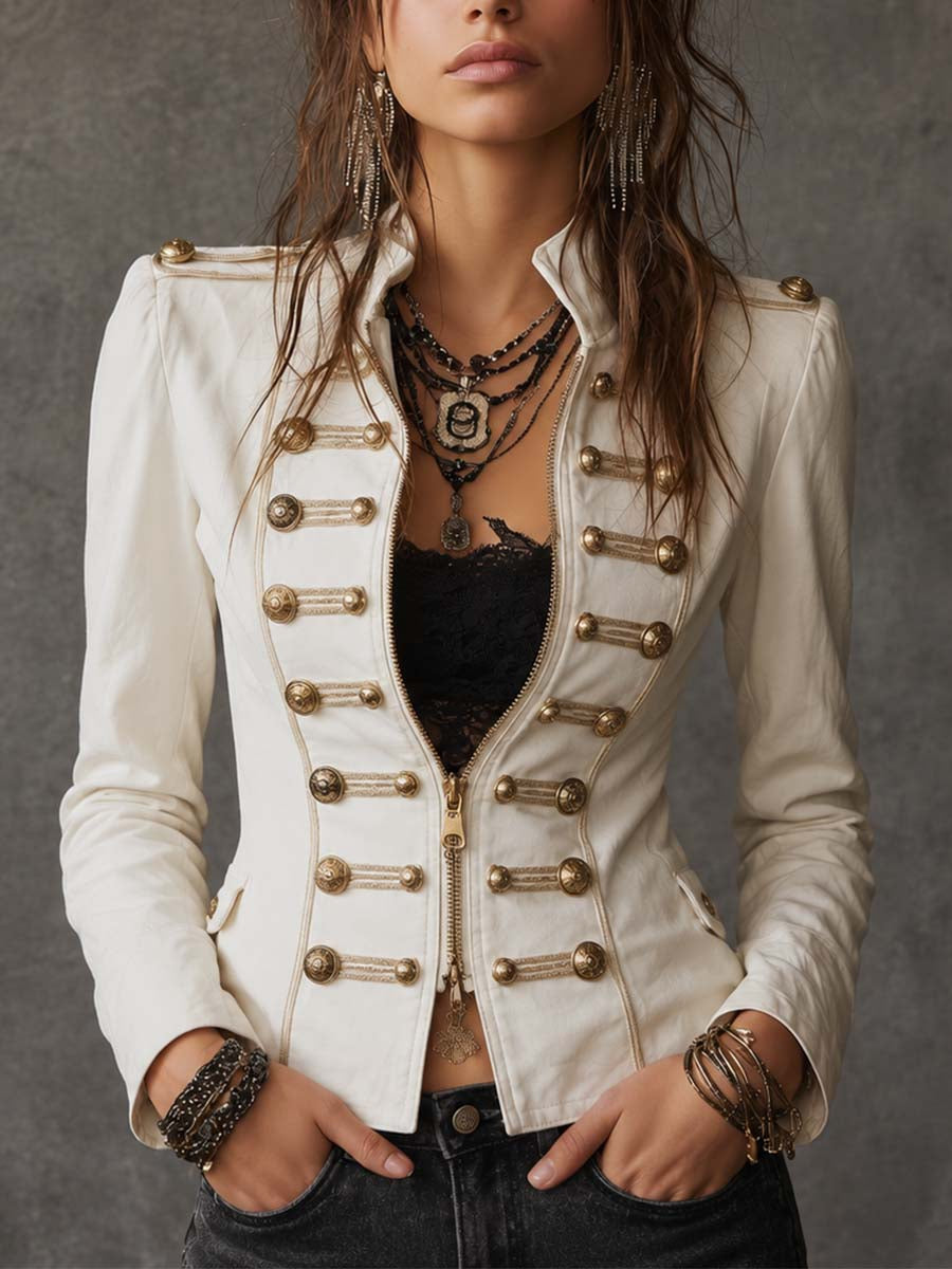 Stand Collar Epaulet Antique Gold Button Trim Zip Front Fitted Woven Fabric Military Jacket