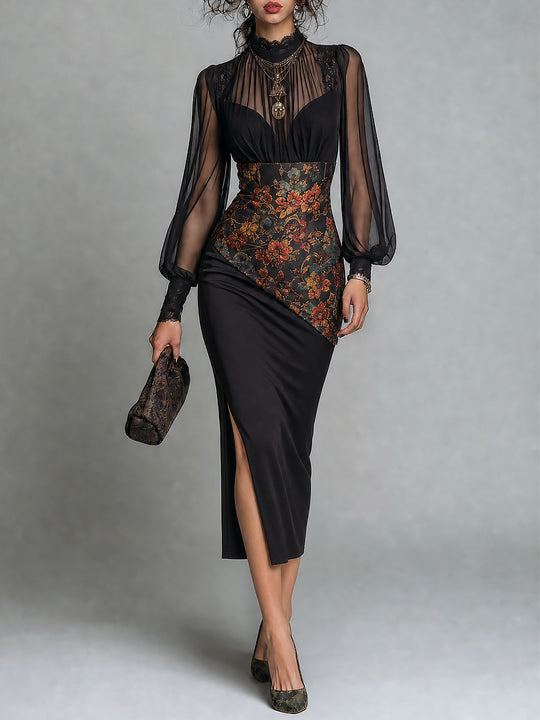 Vintage Floral Print Sheer Mesh Long Sleeve Midi Dress With Side Slit