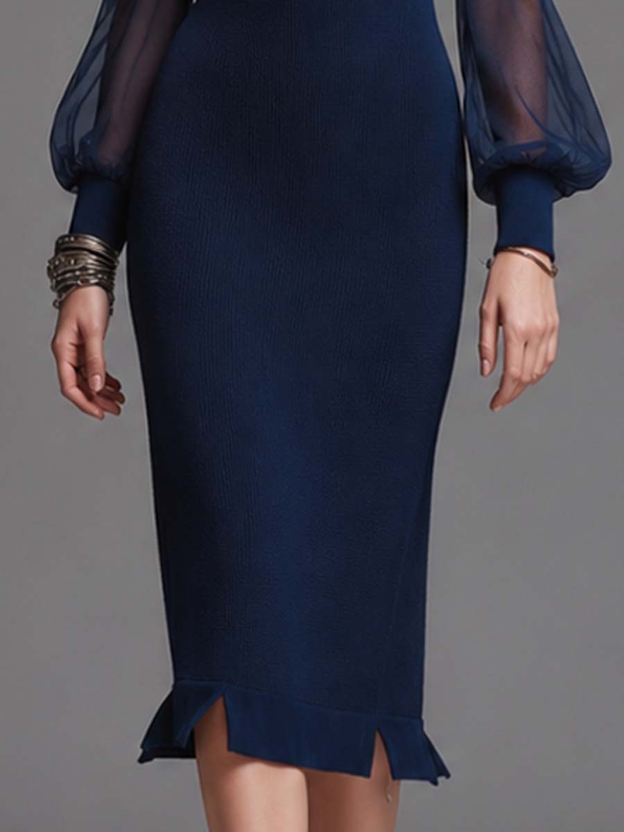 High Neck Half Button Contrast Sheer Chiffon Puff Sleeve Ruffle Hem Ribbed Knit Midi Dress