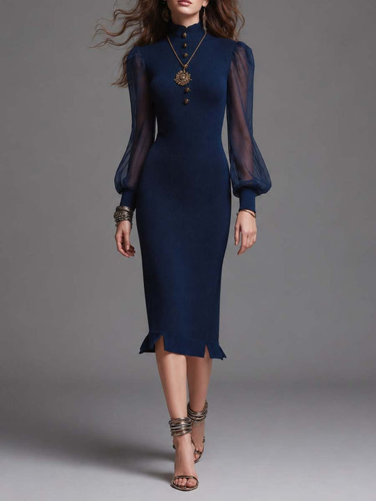 High Neck Half Button Contrast Sheer Chiffon Puff Sleeve Ruffle Hem Ribbed Knit Midi Dress