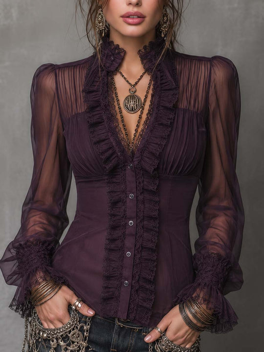 Gothic Stand V Neck Button Front Lace Trim Flare Cuff Long Sleeve Sheer Chiffon Fitted Blouse