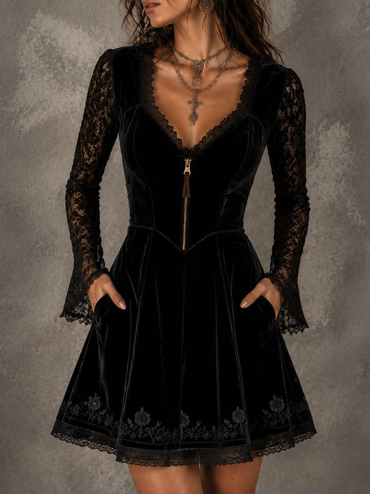 Gothic Black Velvet Lace Sleeve Embroidered Hem Mini Dress