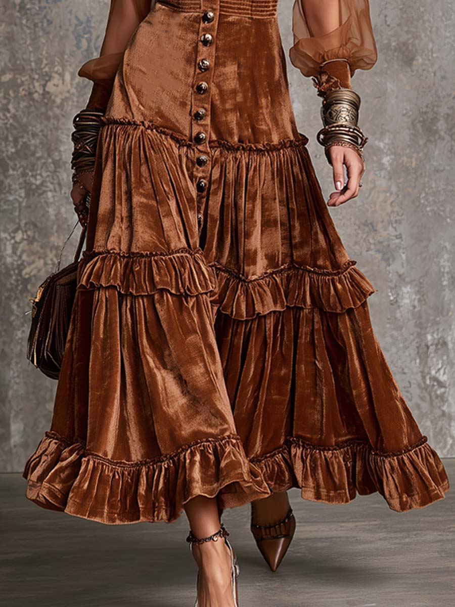 Vintage-style Polyester Velvet Contrasting Lace Trim Midi Dress