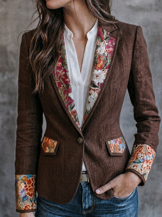 Vintage Brown Textured Linen Blazer With Floral Contrast Lapel And Cuffs