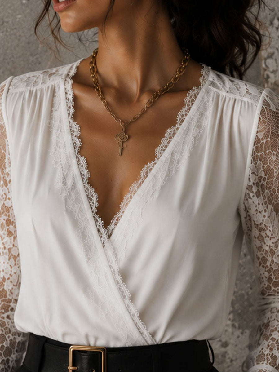 Elegant Surplice V Neck Sheer Lace Sleeve Blouse
