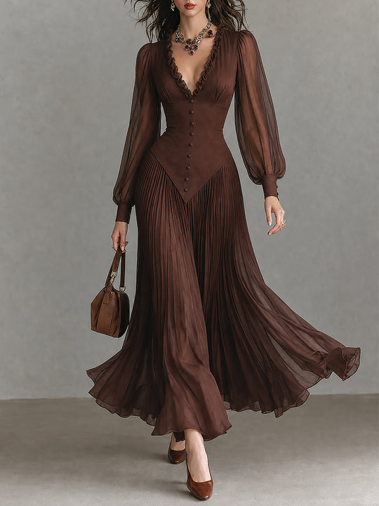 Vintage V-Neck Puff Sleeve Pleated Maxi Dress with Ruffle Trim