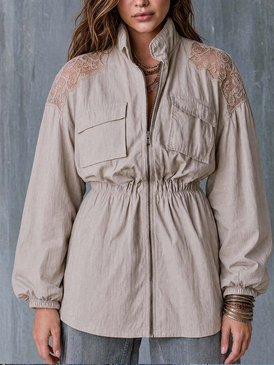 Boho Lace Shoulder Zip-Up Utility Jacket
