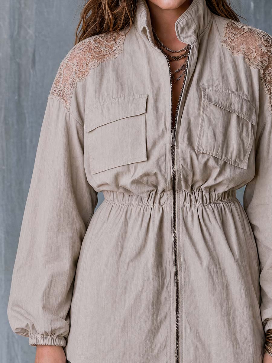 Boho Lace Shoulder Zip-Up Utility Jacket