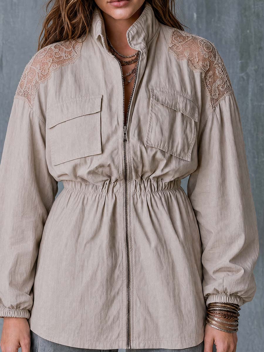 Boho Lace Shoulder Zip-Up Utility Jacket