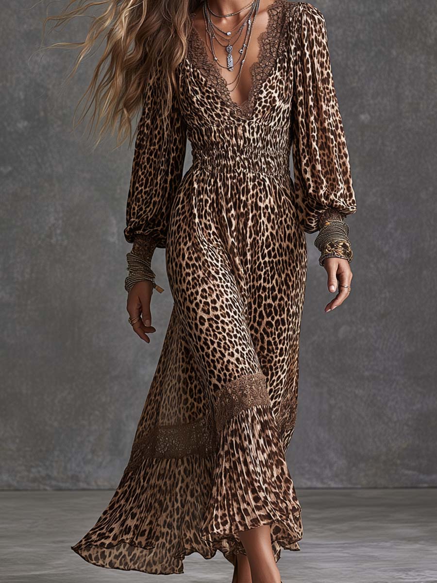 Women's Leopard Print Lace Trim V-Neck Long Sleeve Boho Maxi Dress