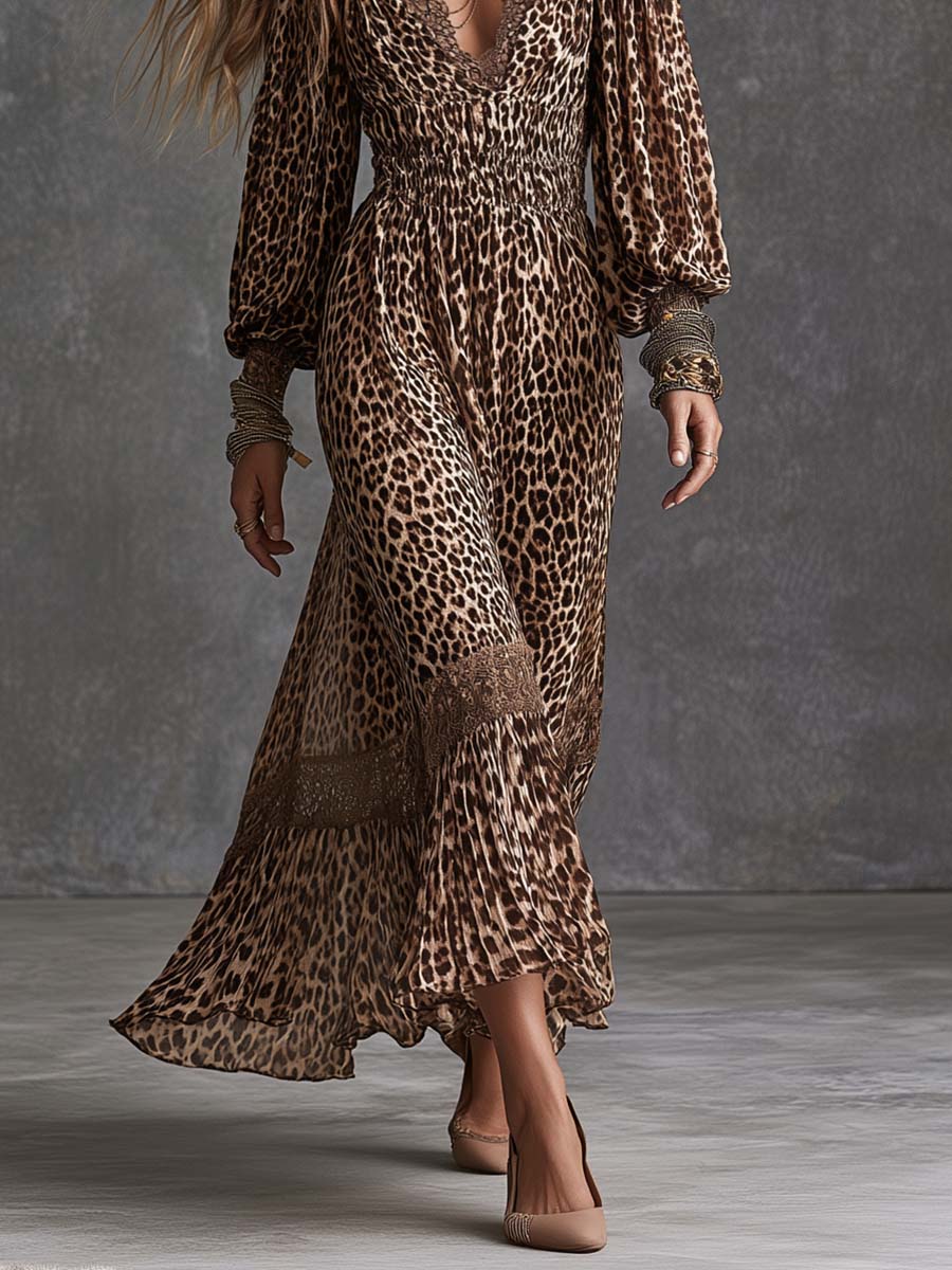 Women's Leopard Print Lace Trim V-Neck Long Sleeve Boho Maxi Dress