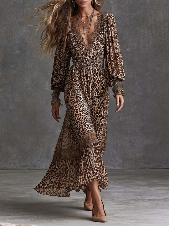 Women's Leopard Print Lace Trim V-Neck Long Sleeve Boho Maxi Dress
